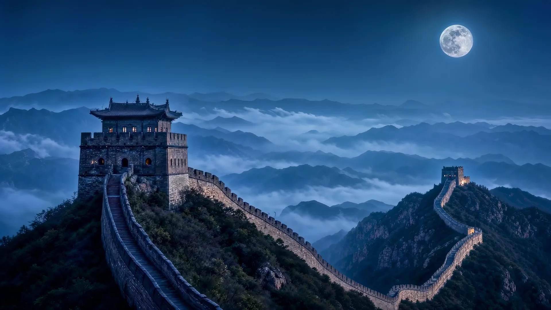 The Great Wall of China at night beneath a full moon across misty mountains